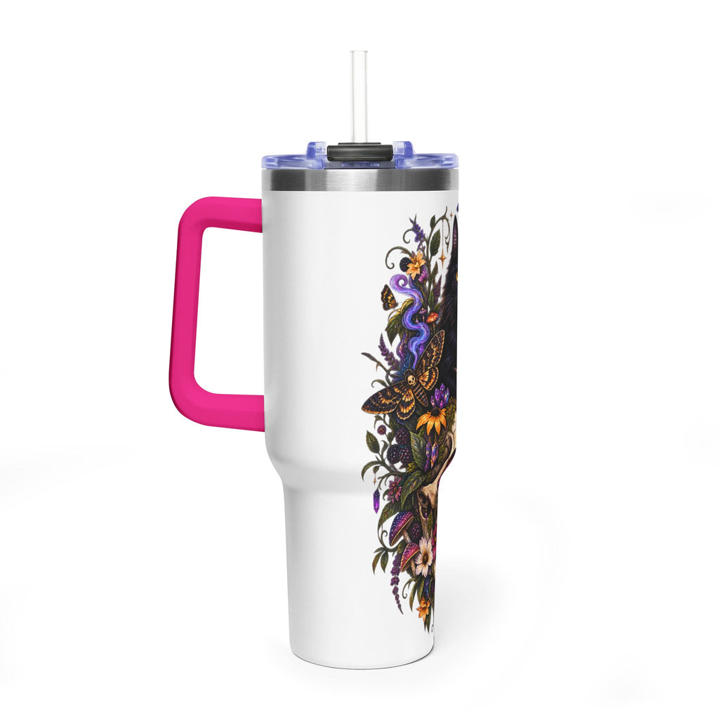 40oz Cat & Skull Thermal Tumbler – Gothic Floral Insulated Travel Mug
