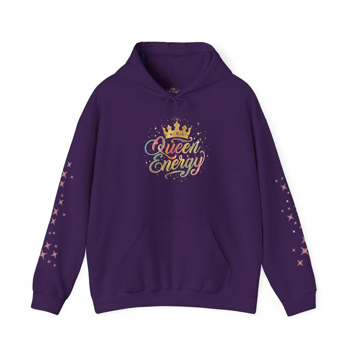Queen Energy Hoodie — Feminine Crown Graphic Pullover with Star Sleeve Accents