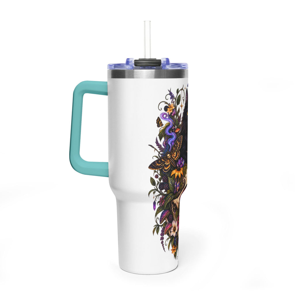 40oz Cat & Skull Thermal Tumbler – Gothic Floral Insulated Travel Mug