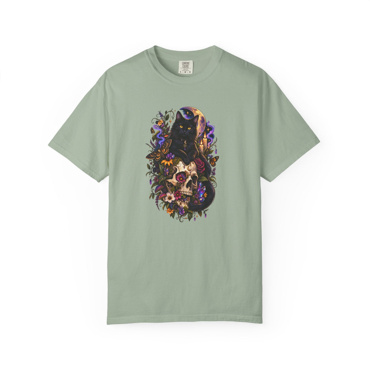 Skull & Black Cat Gothic T-Shirt — Dark Floral Day of the Dead Style