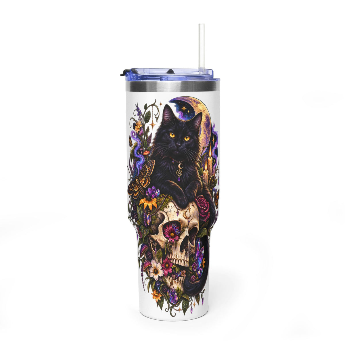 40oz Cat & Skull Thermal Tumbler – Gothic Floral Insulated Travel Mug