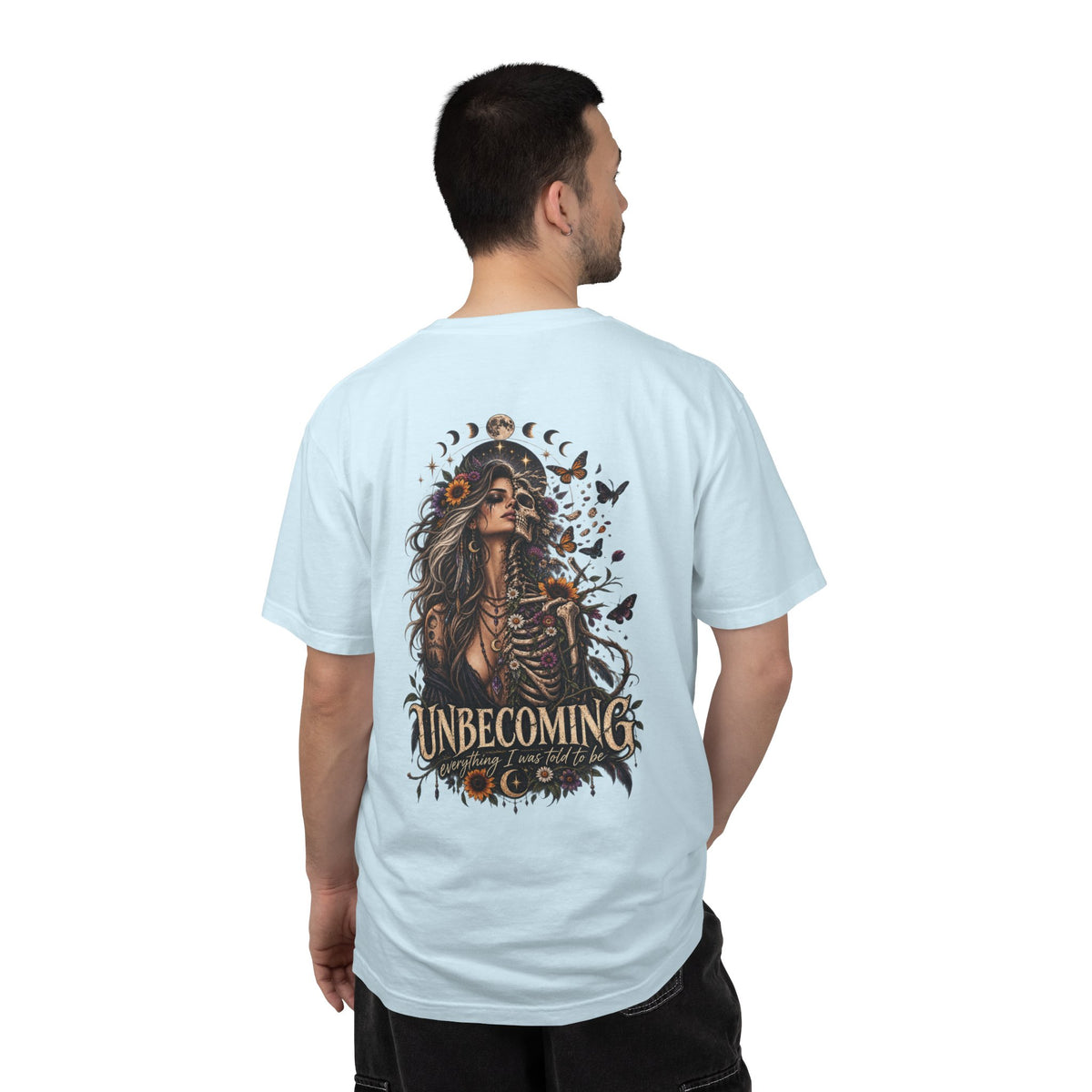Unbecoming Gothic Moon T‑Shirt — Witchy Skeleton Art Tee