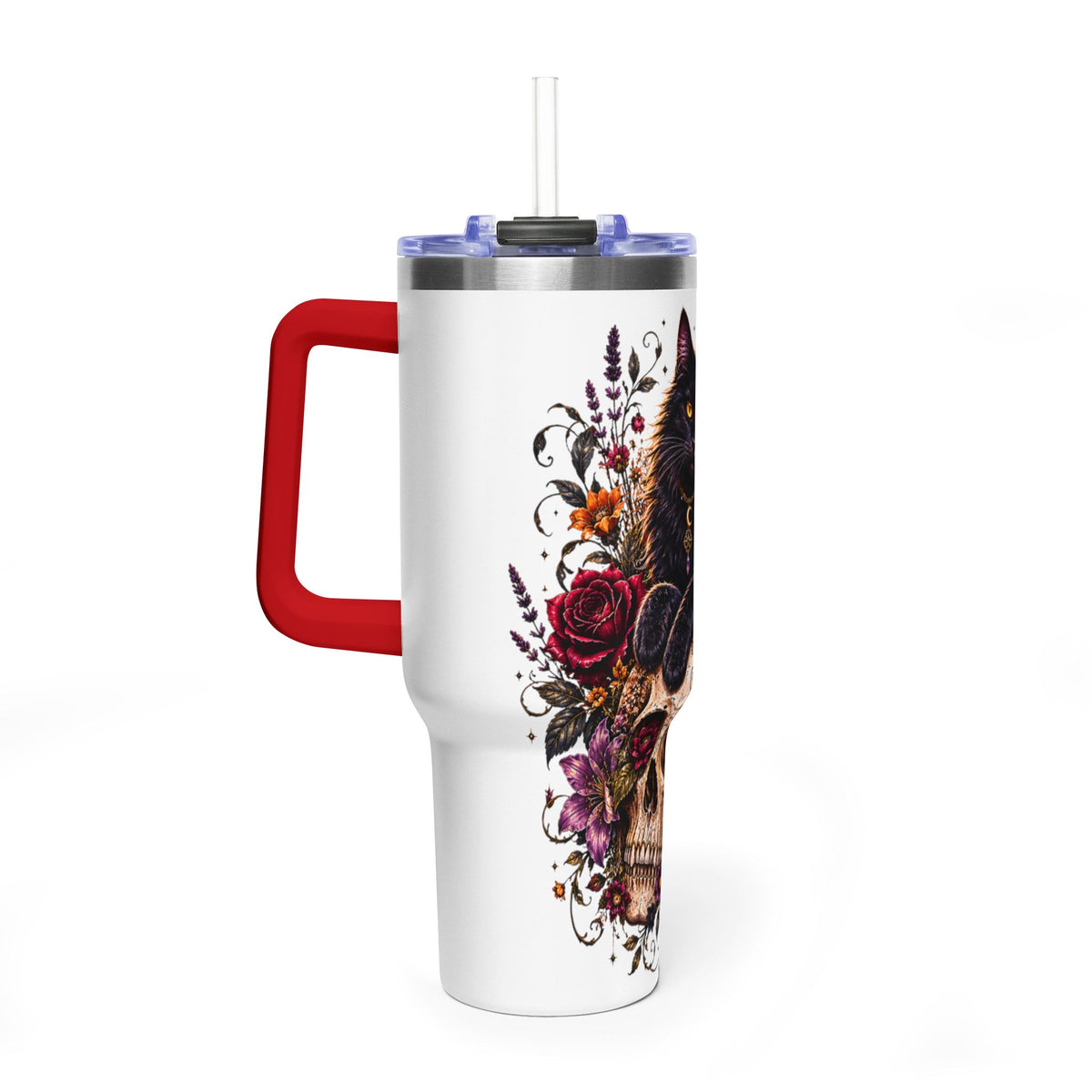 40oz Skull & Black Cat Tumbler – Day of the Dead Floral Vacuum Travel Mug