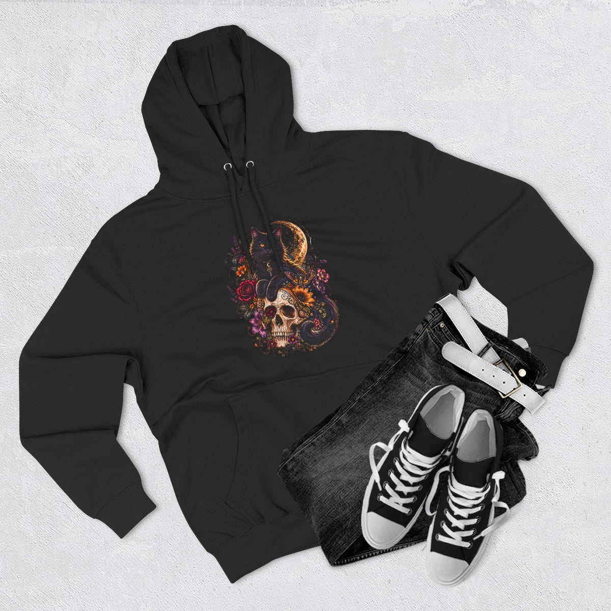 Skull & Cat Hoodie — Romantic Gothic Celestial Moon Graphic Fleece Pullover