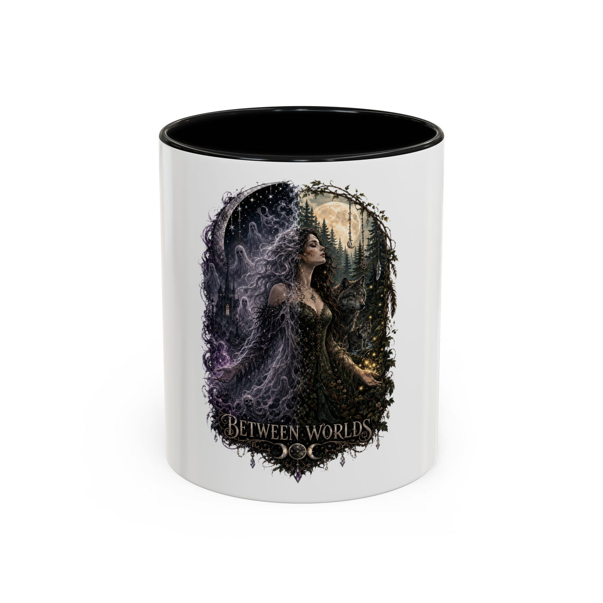 Between Worlds Accent Coffee Mug — Gothic Fantasy Witch Illustration (11/15oz)