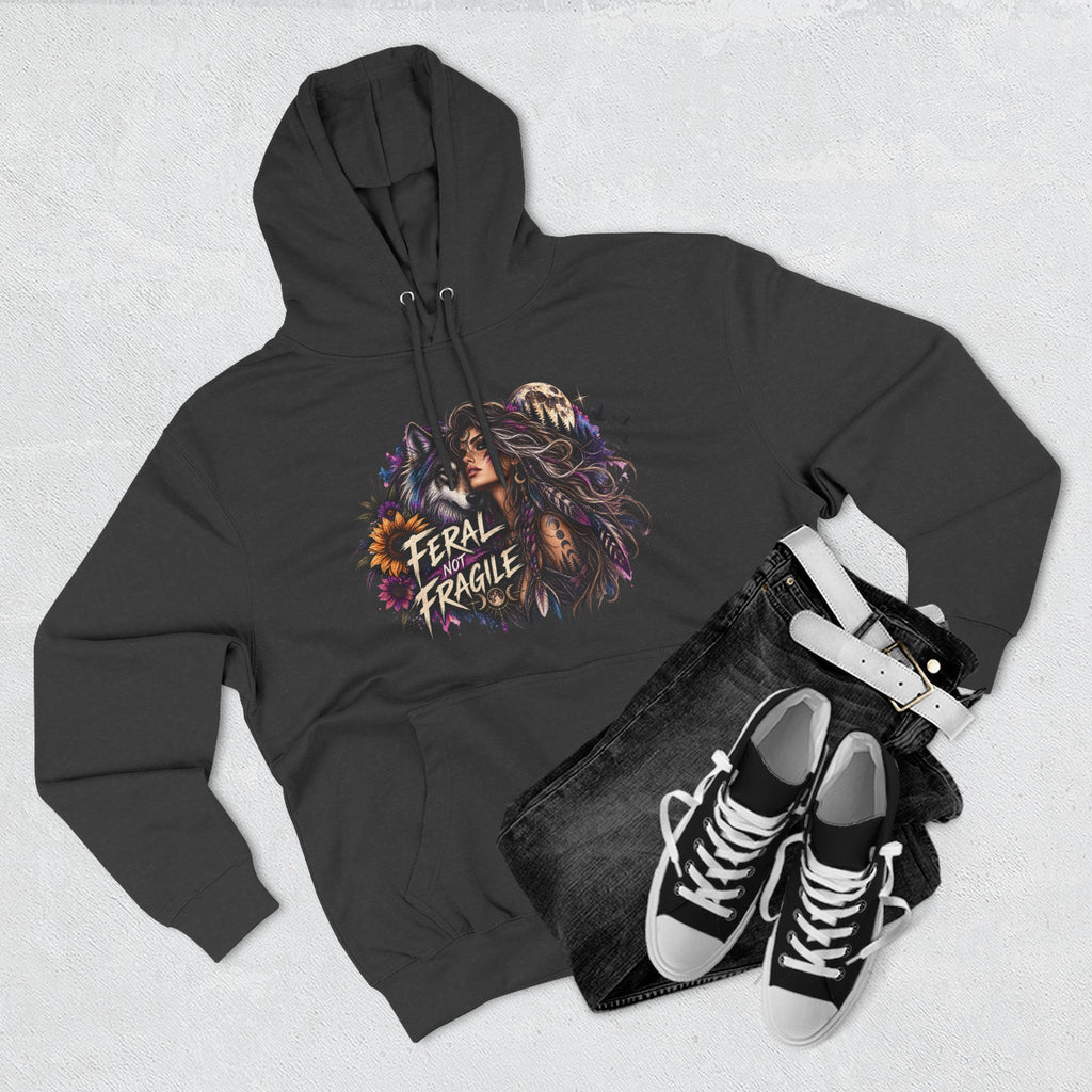Feral Not Fragile Wolf & Woman Graphic Hoodie — Wildlife Fleece Pullover