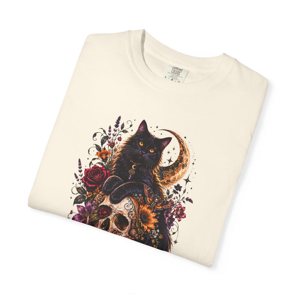 Cat & Skull Gothic T-Shirt — Black Cat Moon Floral Graphic Tee