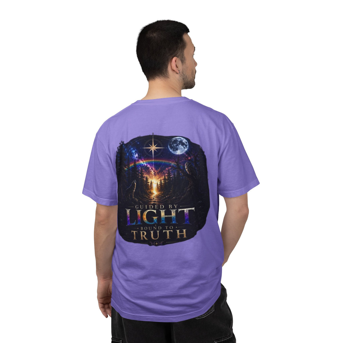T-Shirt — "Guided by Light, Bound to Truth" Cosmic Forest Graphic