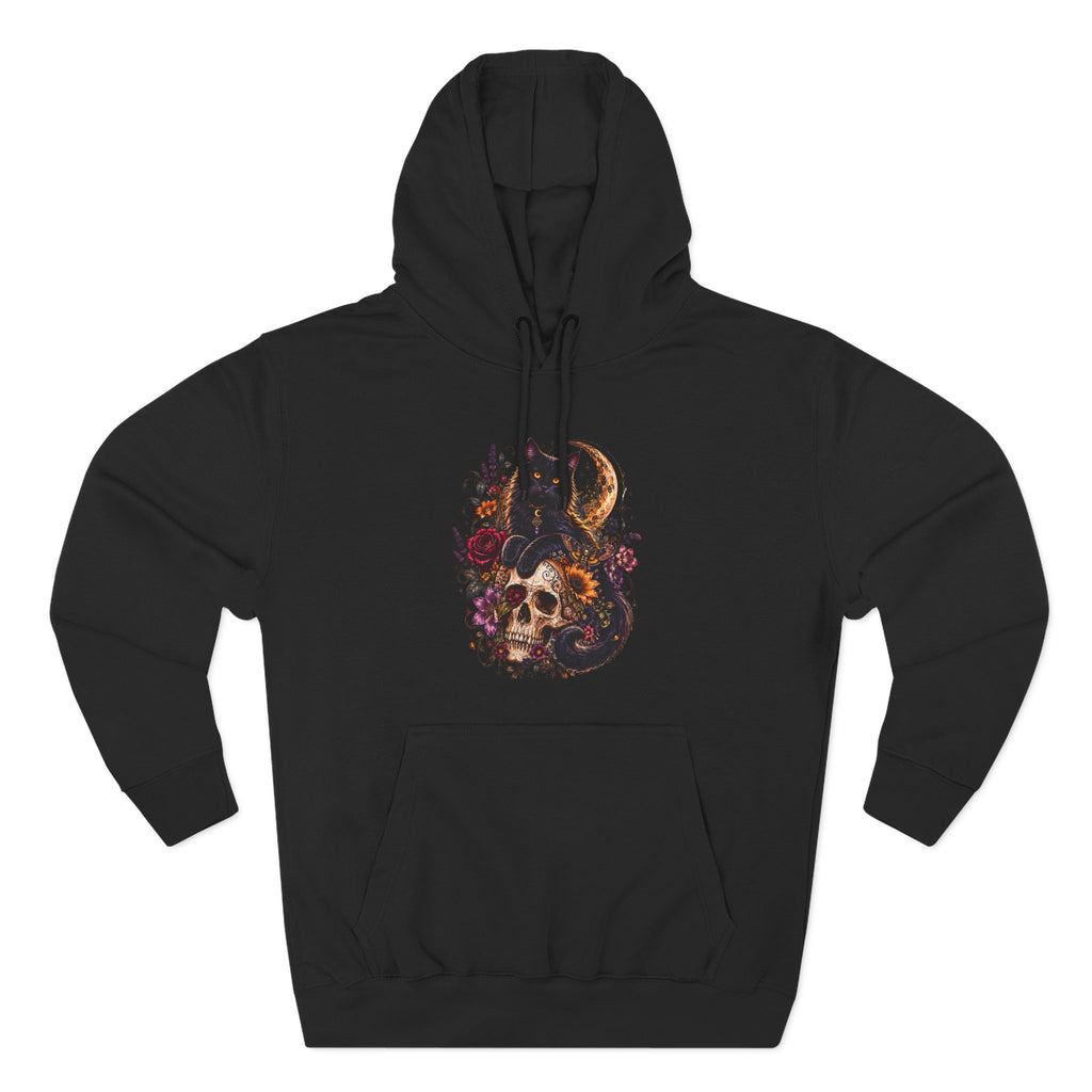 Skull & Cat Hoodie — Romantic Gothic Celestial Moon Graphic Fleece Pullover