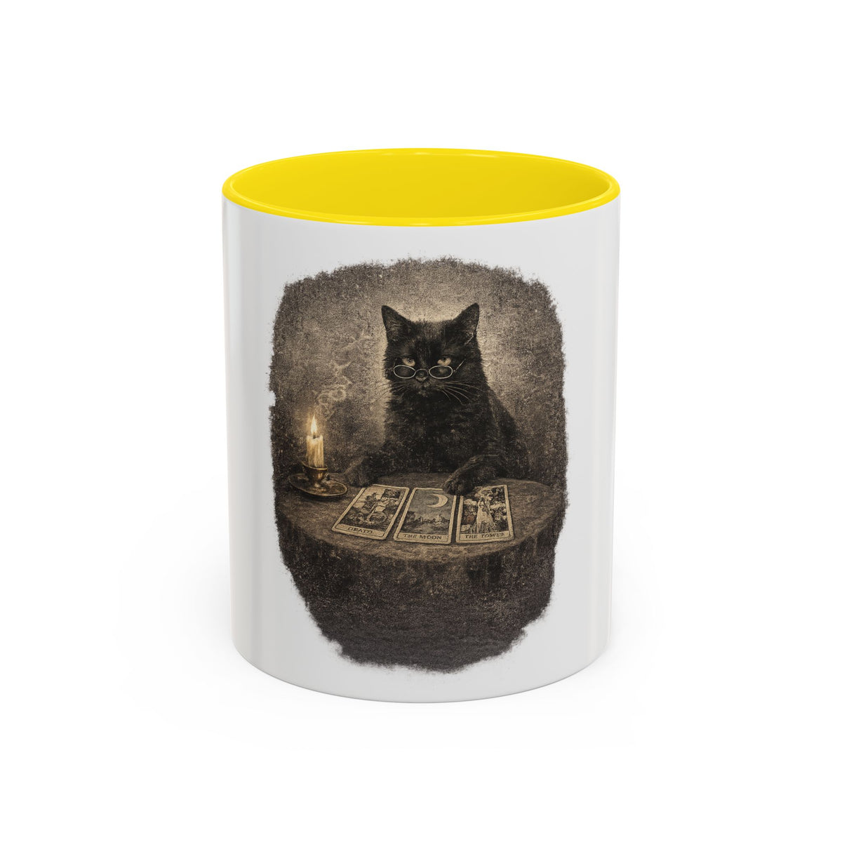 Tarot Cat Accent Coffee Mug — Witchy Black Cat with Tarot Cards