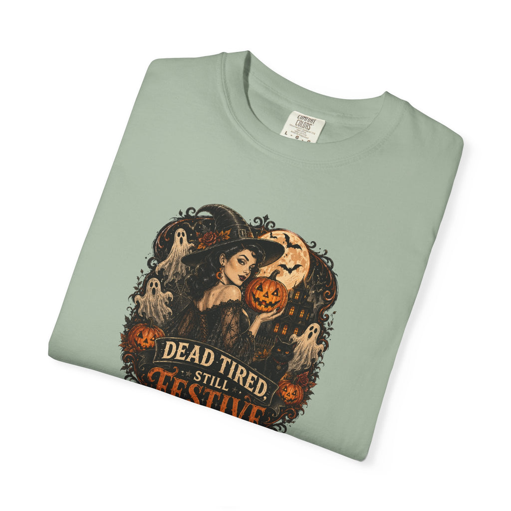 Halloween Graphic T-Shirt — "Dead Tired but Festive" Vintage Horror Pumpkin Tee