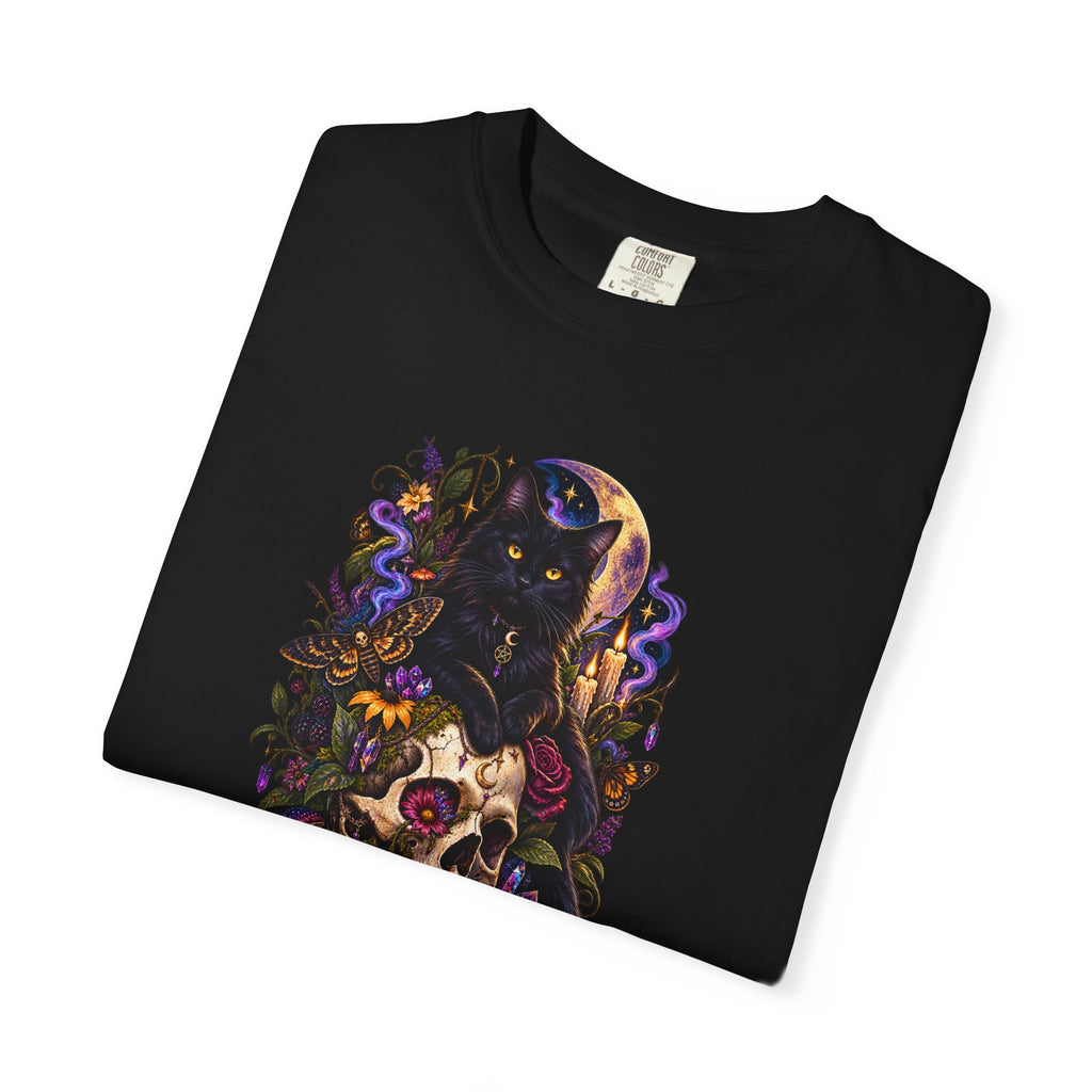 Skull & Black Cat Gothic T-Shirt — Dark Floral Day of the Dead Style