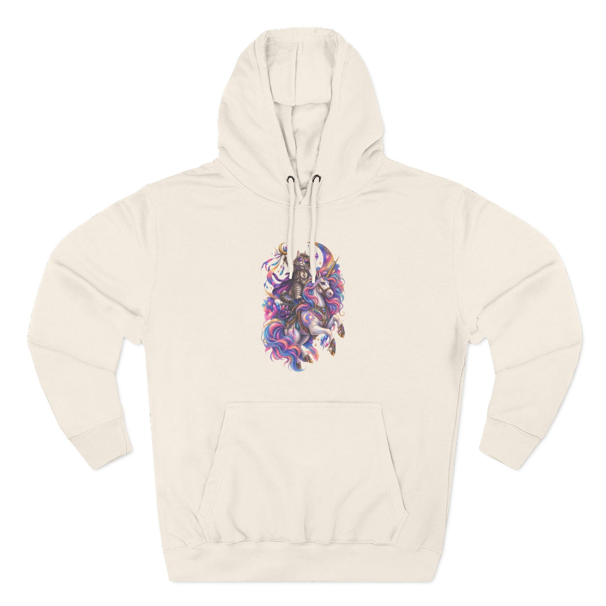 Colorful Cosmic Cat Riding a Unicorn — Vibrant Nebula Graphic Pullover