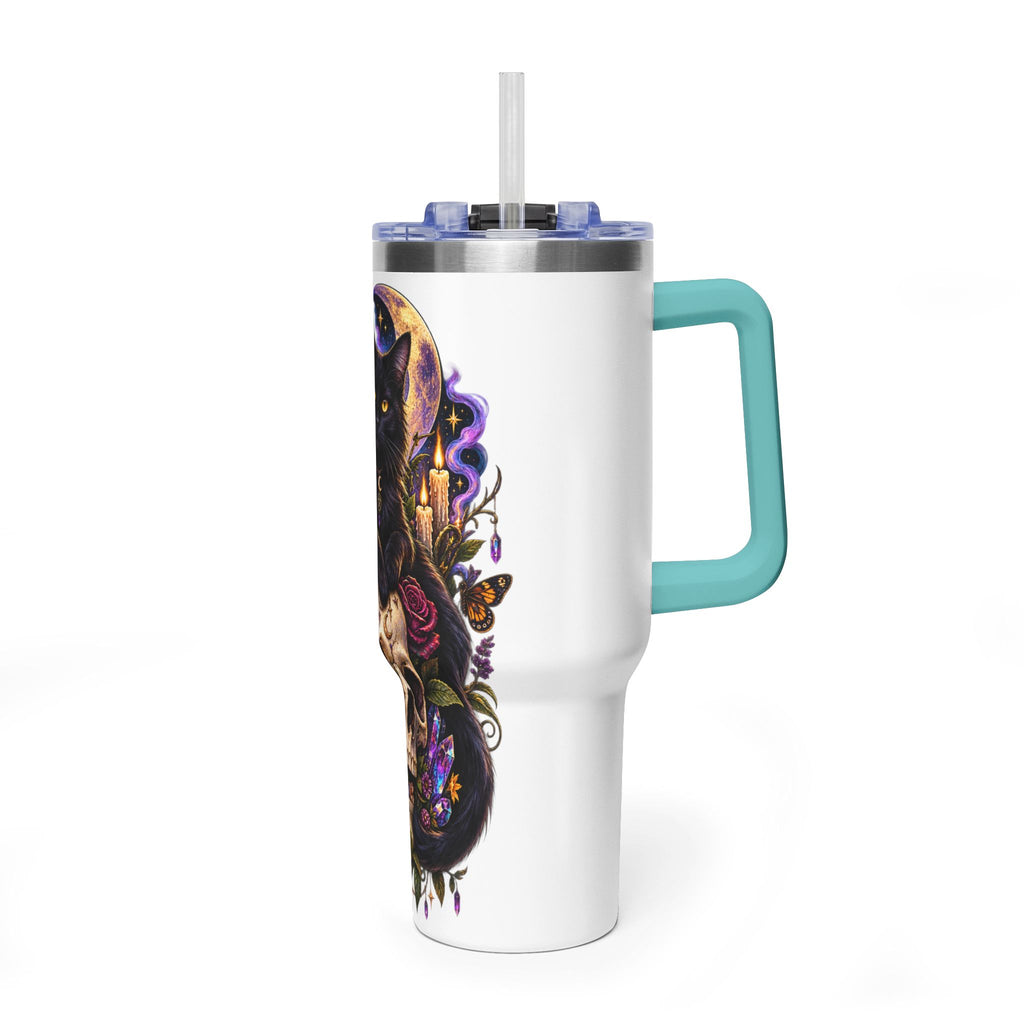 40oz Cat & Skull Thermal Tumbler – Gothic Floral Insulated Travel Mug