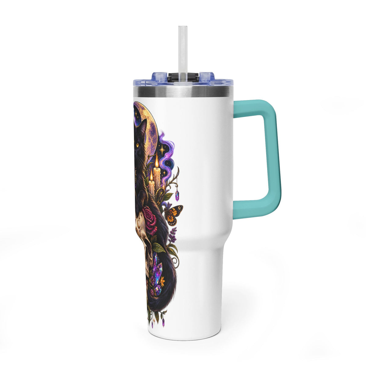 40oz Cat & Skull Thermal Tumbler – Gothic Floral Insulated Travel Mug