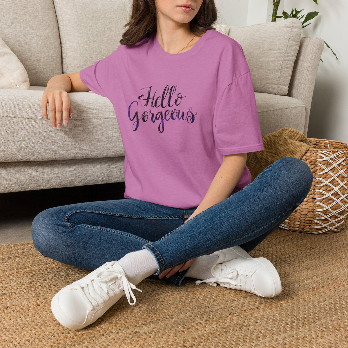 T-Shirt — "Hello Gorgeous" Purple Black Script Graphic Tee
