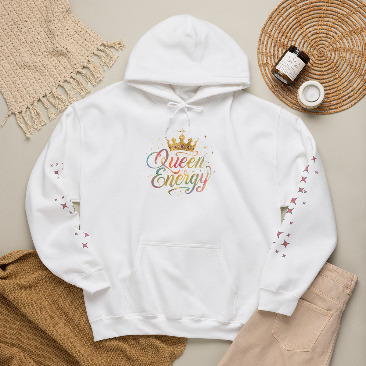 Queen Energy Hoodie — Feminine Crown Graphic Pullover with Star Sleeve Accents