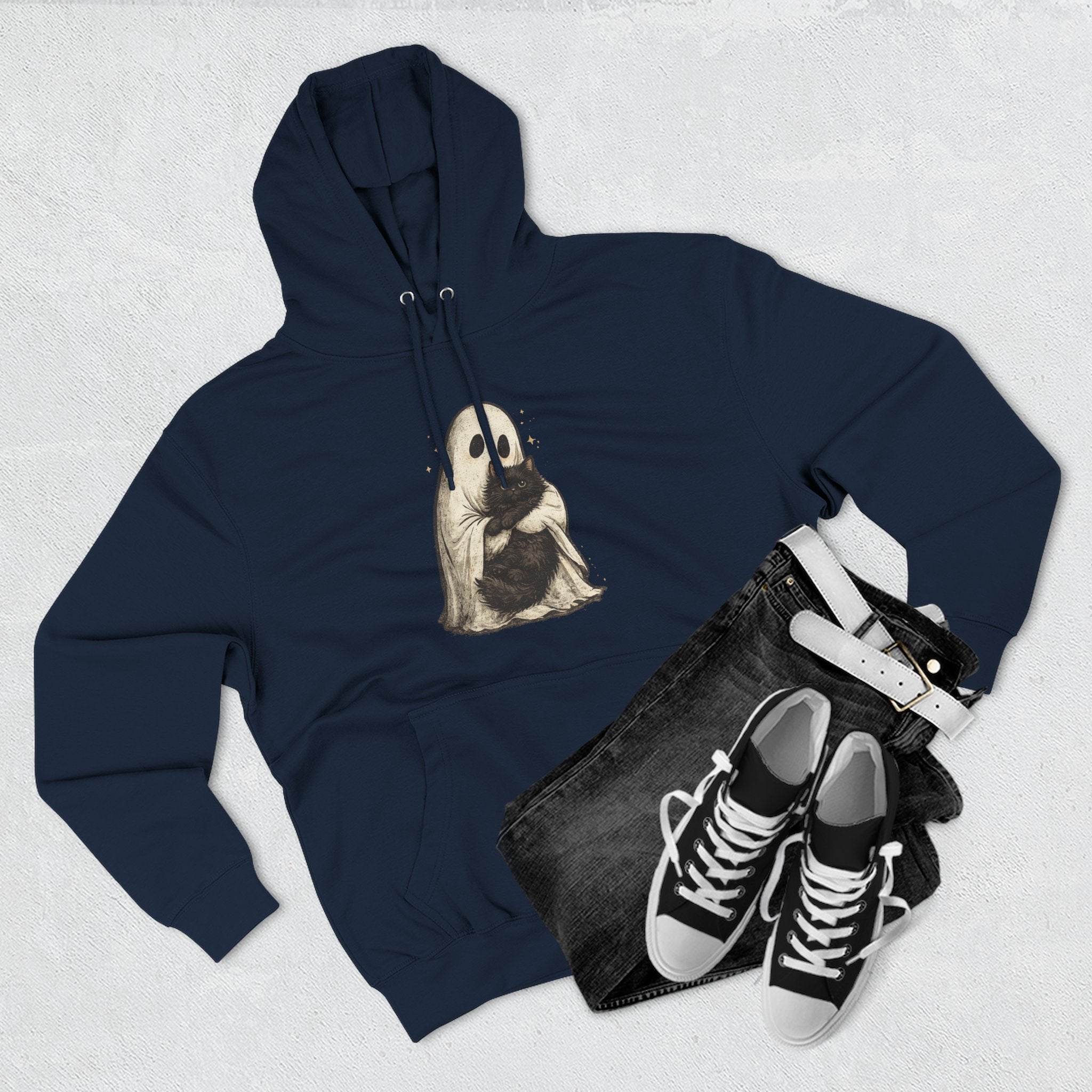 Ghost Hugging Black Cat Fleece Hoodie — Cute Ghost Hugging Black Cat Cozy Pullover