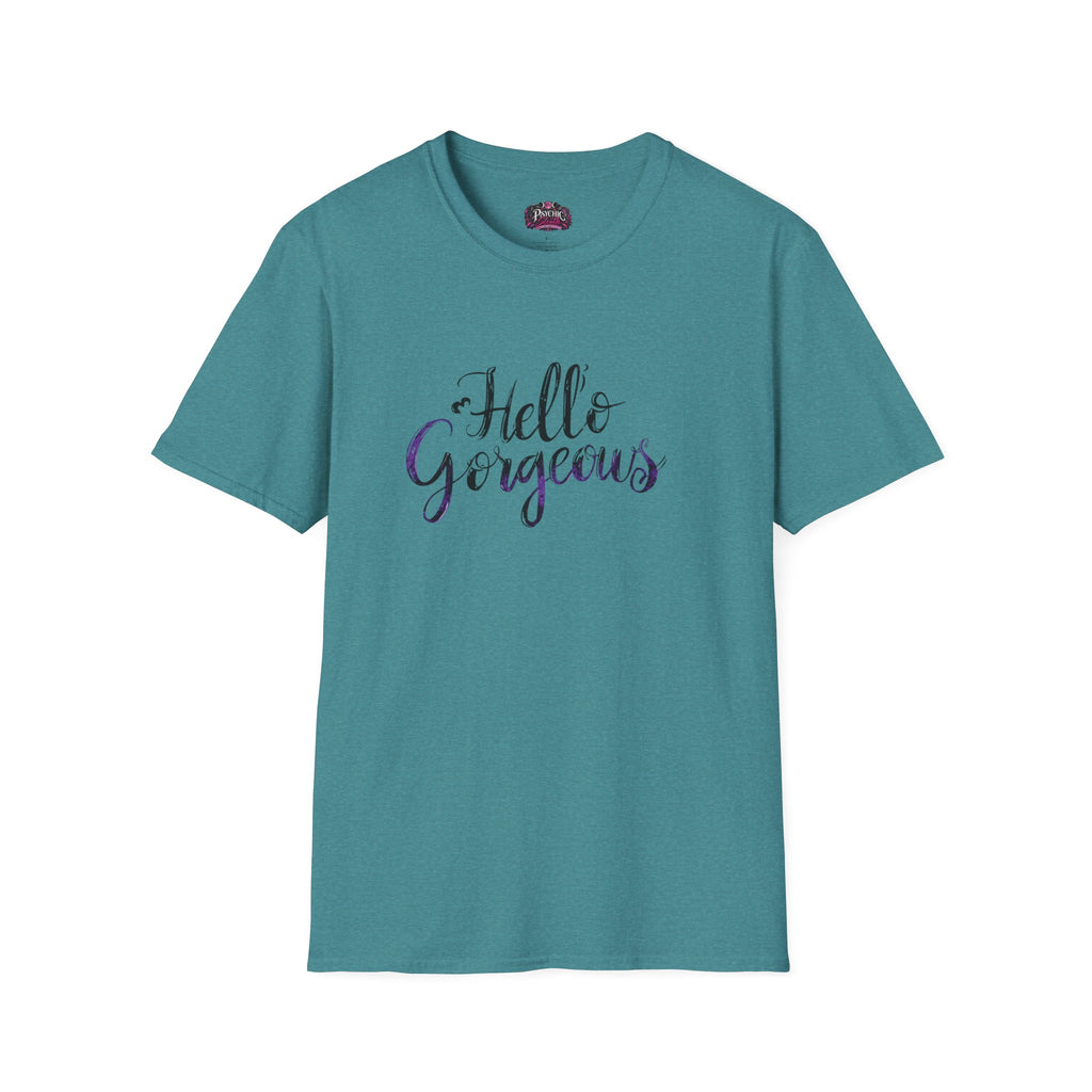 T-Shirt — "Hello Gorgeous" Purple Black Script Graphic Tee