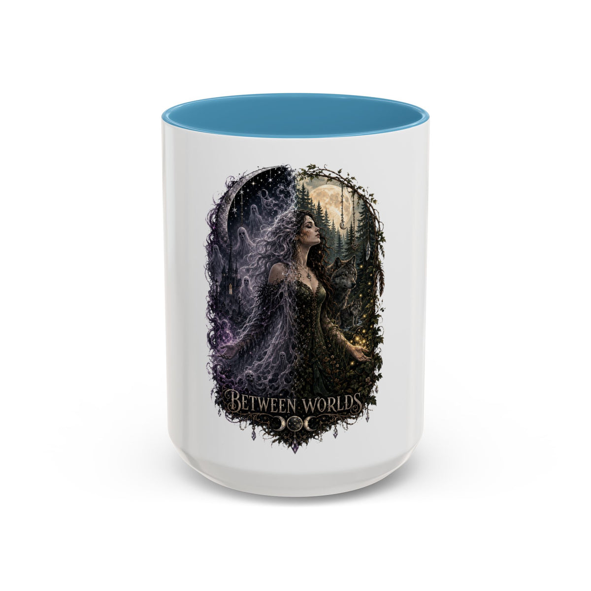Between Worlds Accent Coffee Mug — Gothic Fantasy Witch Illustration (11/15oz)