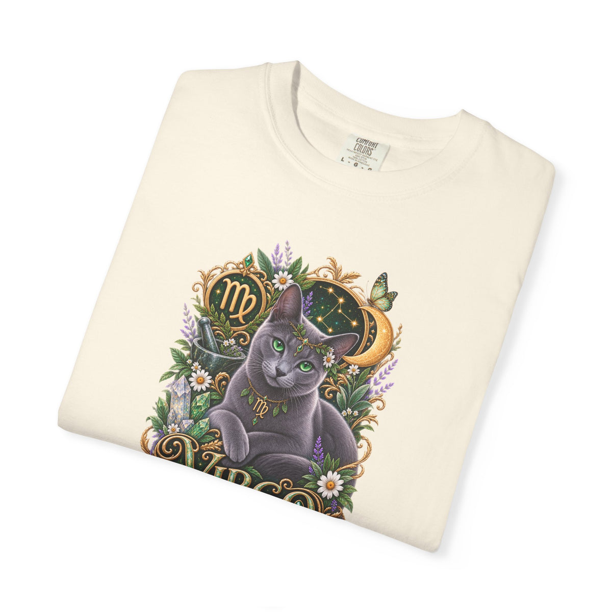Virgo Cat Zodiac T-Shirt — Virgo Astrology Tee with Russian Blue & Floral Design
