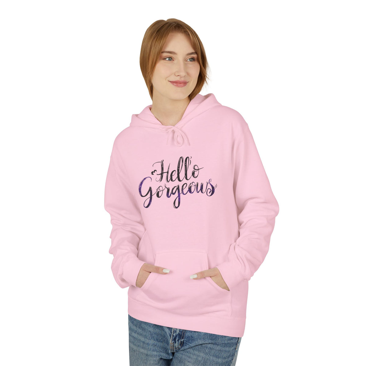 Hello Gorgeous Hoodie — Feminine Script Pullover for Women, Cute Gift for Friends & Self-Care