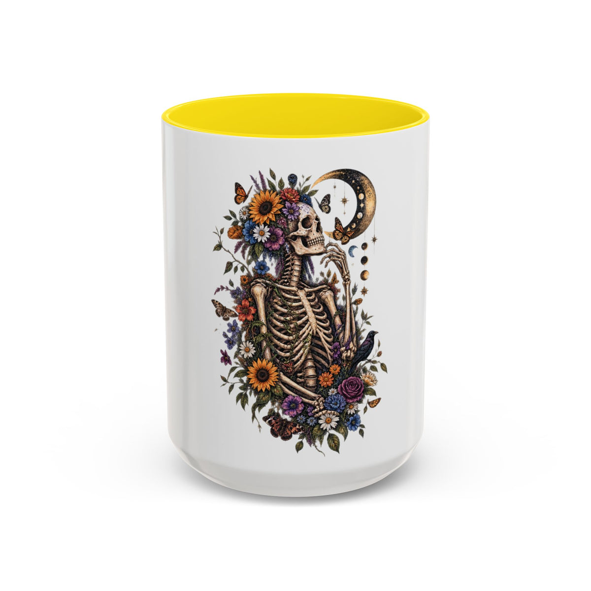 Skull & Moon Floral Coffee Mug — Gothic Botanical Accent Mug
