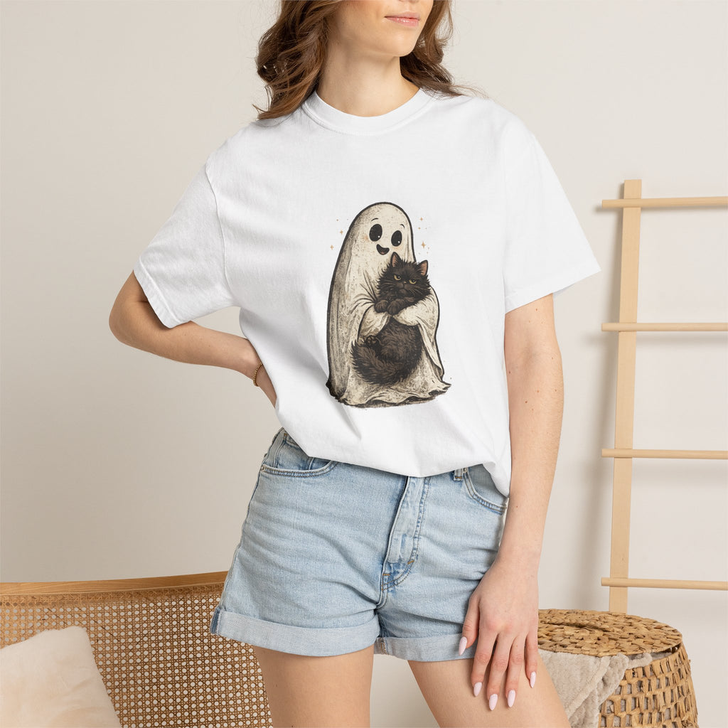 Boo & Meow Ghost Hugging Black Cat T-Shirt | Cute Spooky Tee