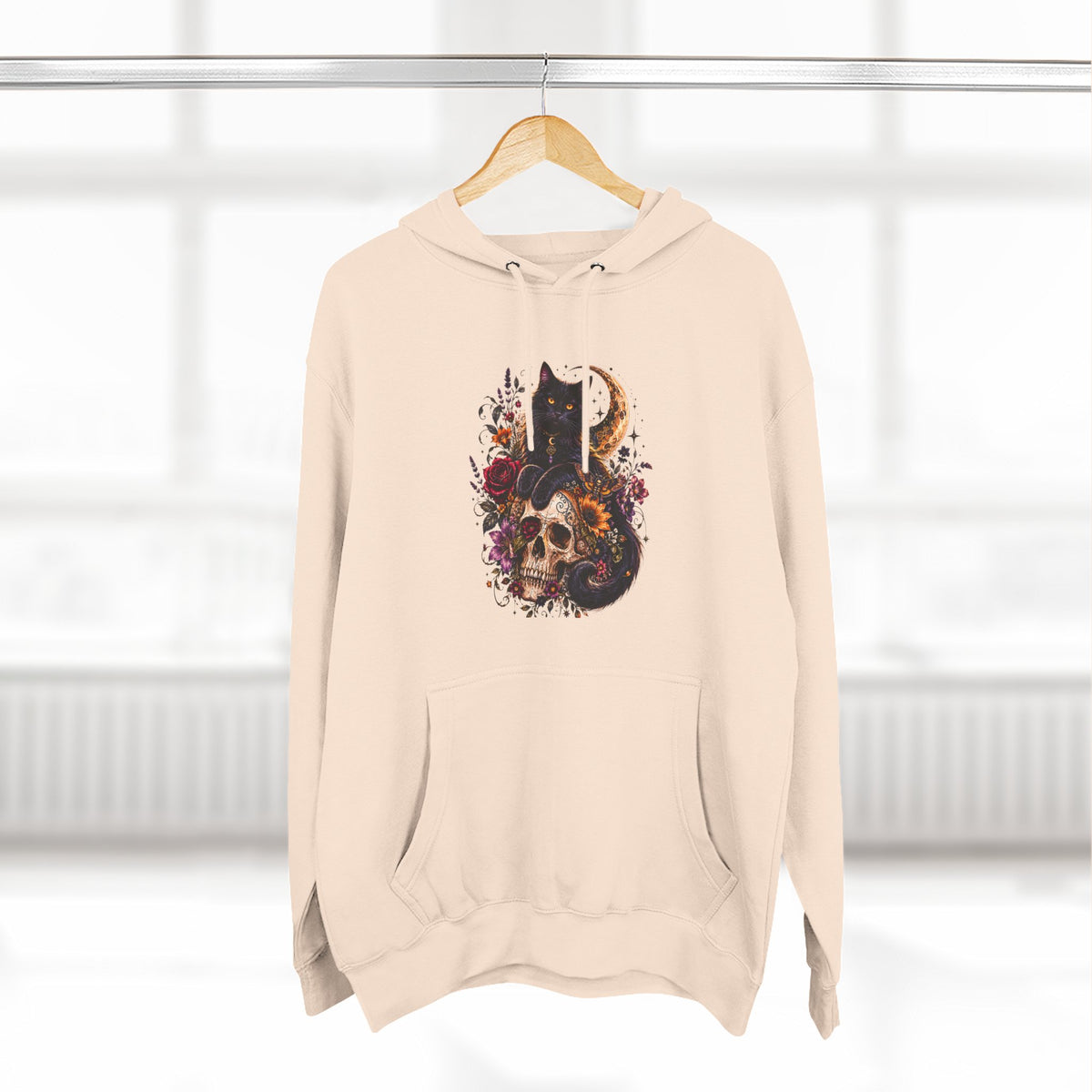 Skull & Cat Hoodie — Romantic Gothic Celestial Moon Graphic Fleece Pullover