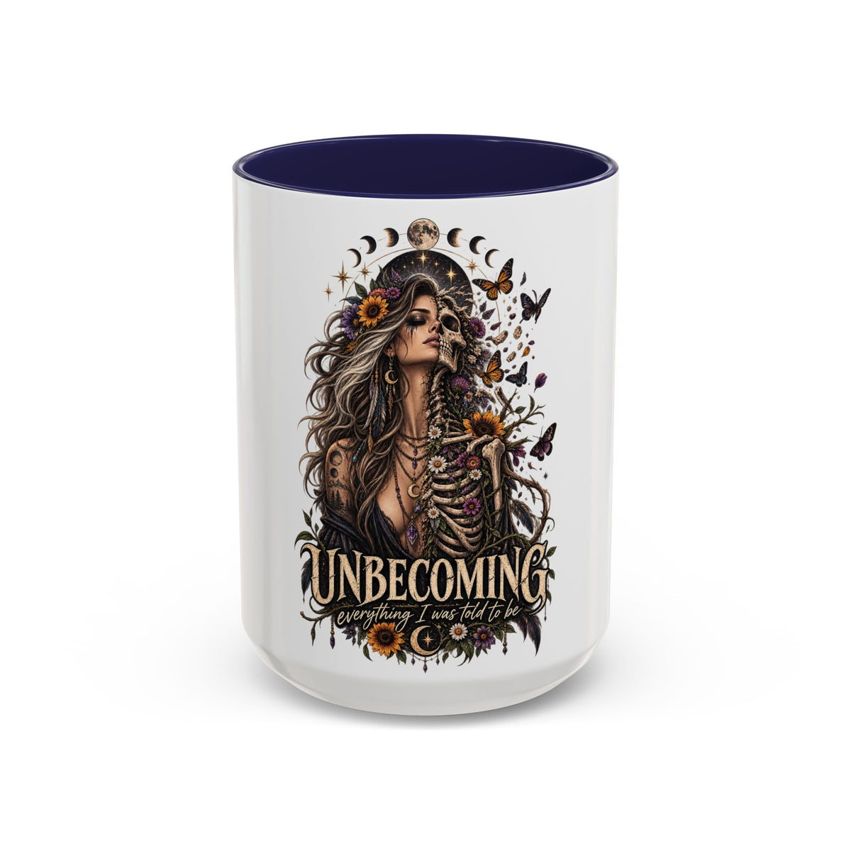Unbecoming Empowerment Coffee Mug — Sunflowers Woman Skeleton & Moon Phases 11/15oz Accent Mug