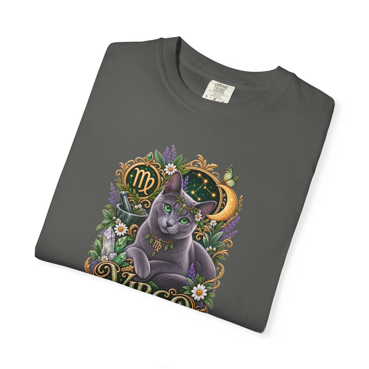 Virgo Cat Zodiac T-Shirt — Virgo Astrology Tee with Russian Blue & Floral Design