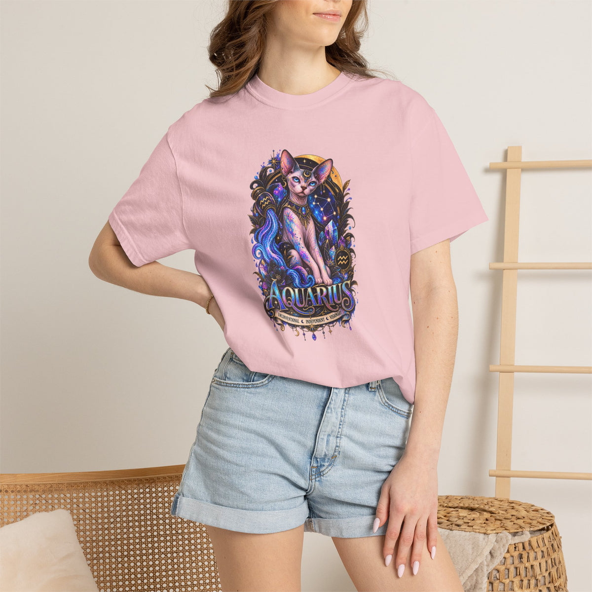 Aquarius Sphynx Cat Zodiac Tee- Celestial Astrology cat lover T-shirt