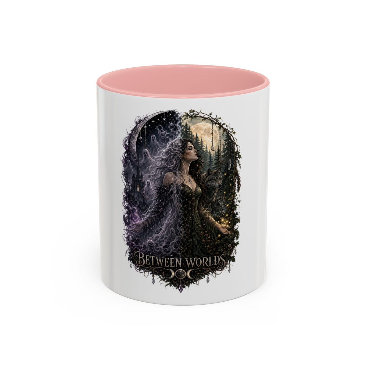 Between Worlds Accent Coffee Mug — Gothic Fantasy Witch Illustration (11/15oz)