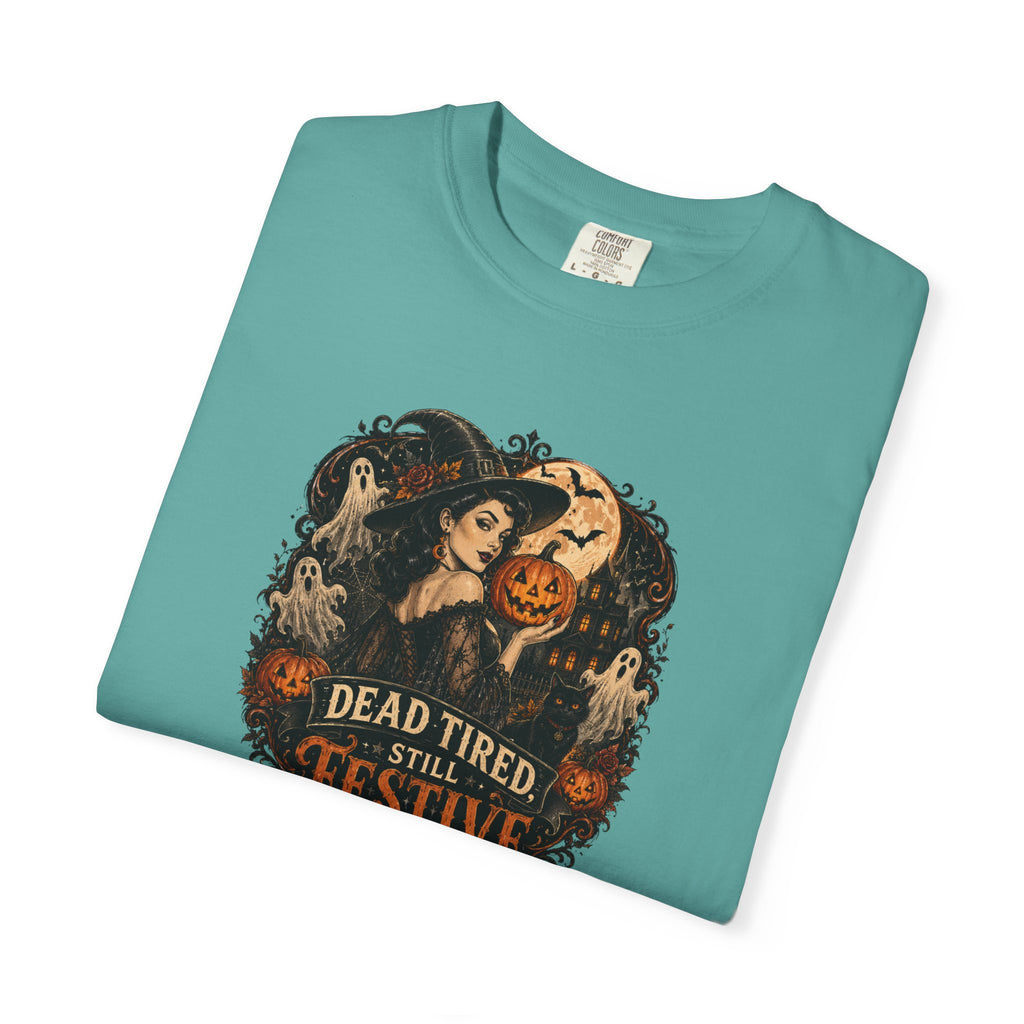 Halloween Graphic T-Shirt — "Dead Tired but Festive" Vintage Horror Pumpkin Tee