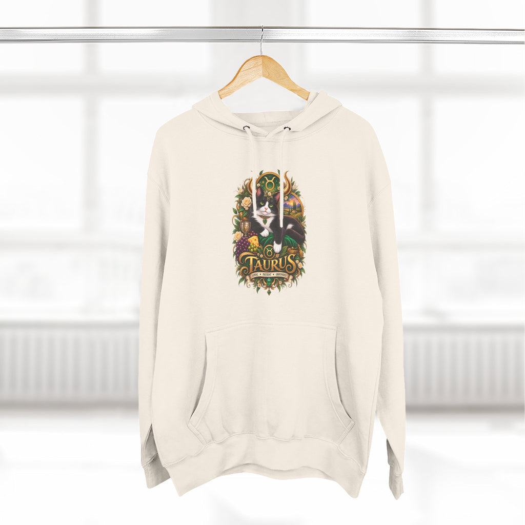 Taurus Tuxedo Cat Zodiac Hoodie — Earthy Bull Constellation Graphic Fleece Pullover