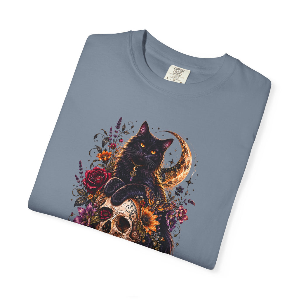 Cat & Skull Gothic T-Shirt — Black Cat Moon Floral Graphic Tee