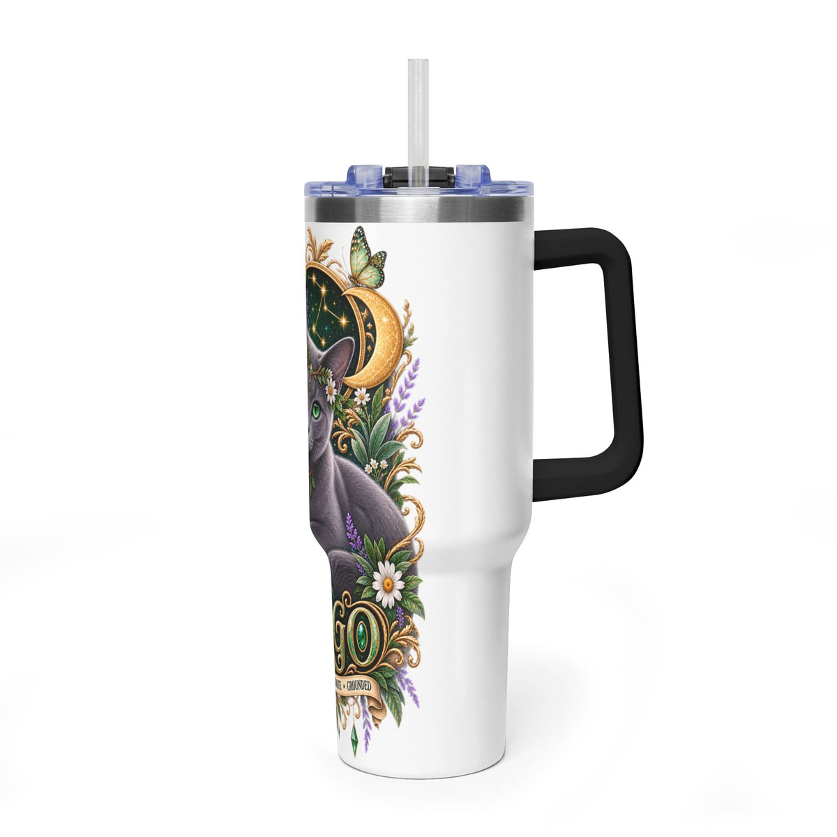 Virgo Cat 40oz Thermal Tumbler — Russian Blue Zodiac Astrology Travel Mug