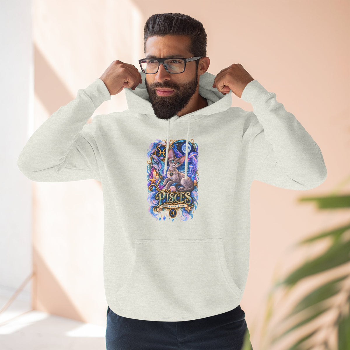 Pisces Zodiac Devon Rex Cat Hoodie — Mystical Watercolor Fish Astrology Pullover