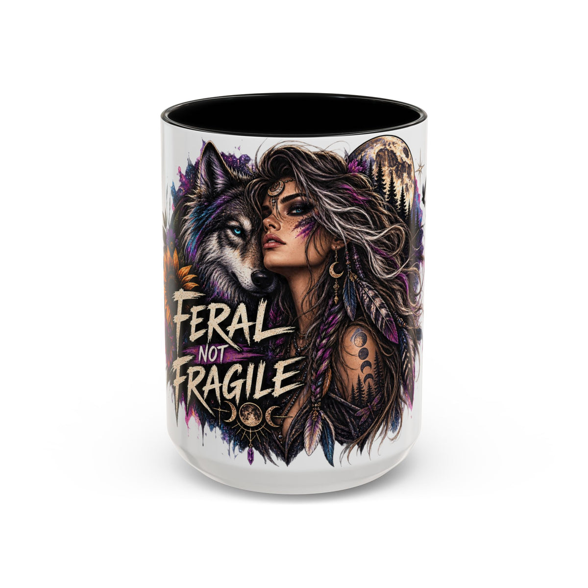 Feral Not Fragile Accent Coffee Mug — Wolf Goddess 11oz/15oz
