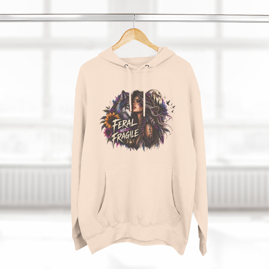 Feral Not Fragile Wolf & Woman Graphic Hoodie — Wildlife Fleece Pullover