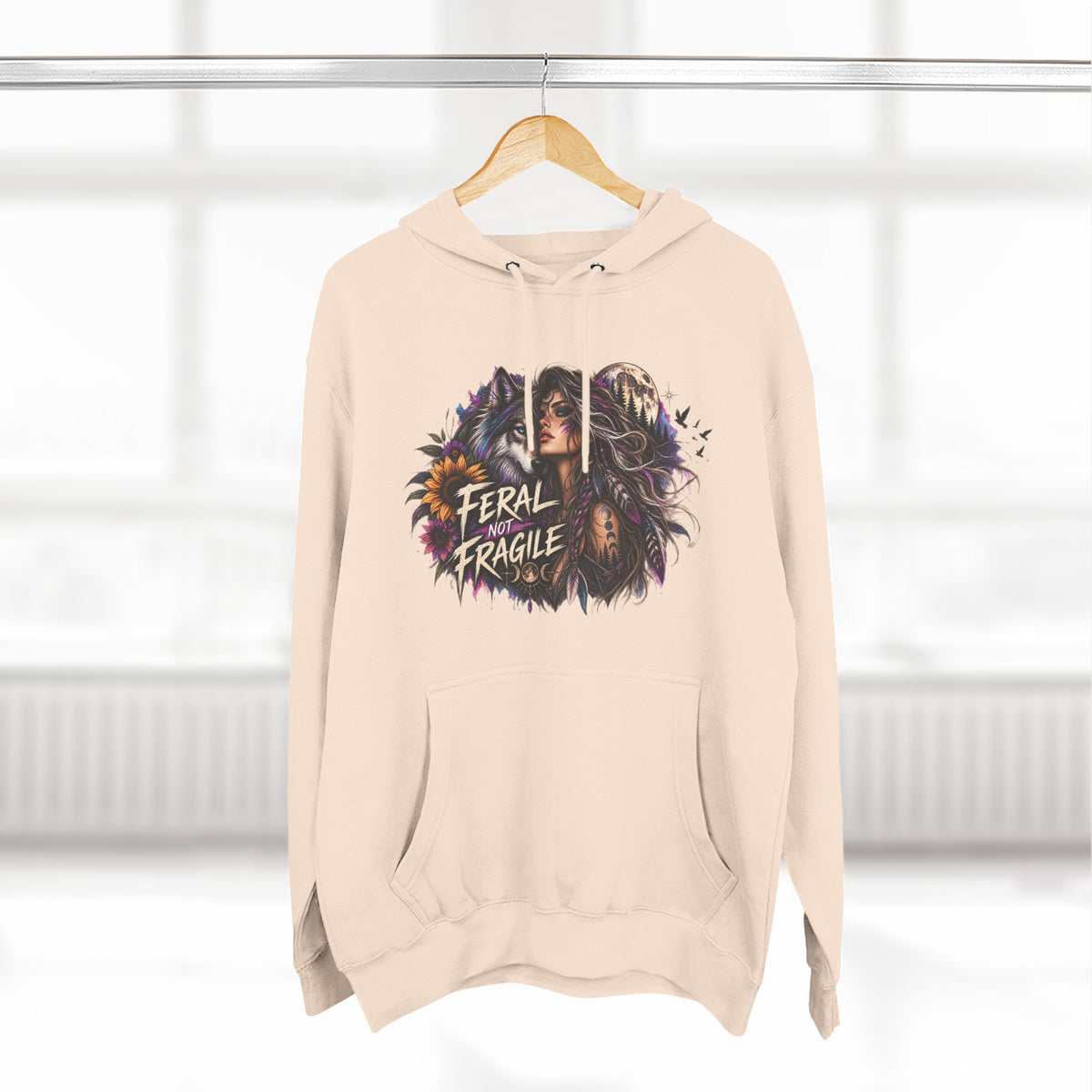 Feral Not Fragile Wolf & Woman Graphic Hoodie — Wildlife Fleece Pullover