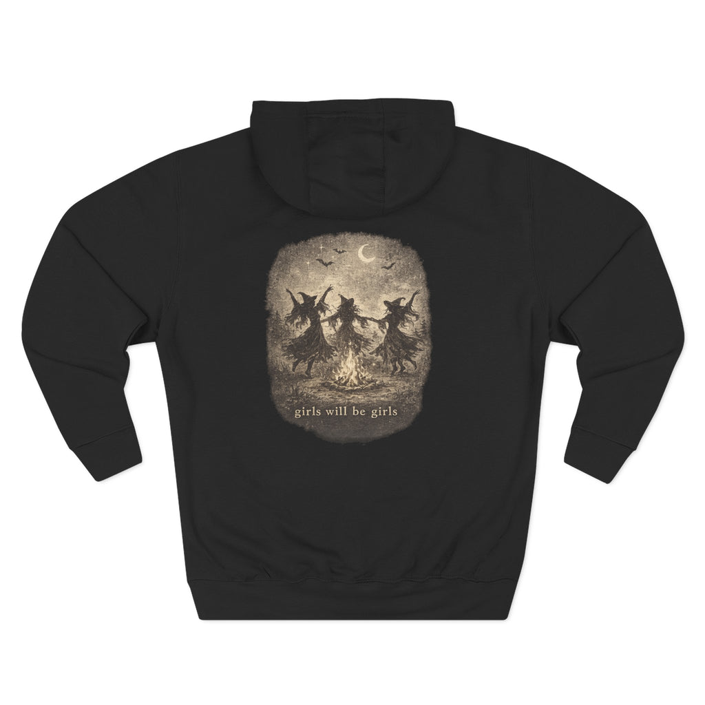 Witchy Trio Graphic Hoodie – 'Girls Will Be Girls' Vintage Moonback Sweatshirt