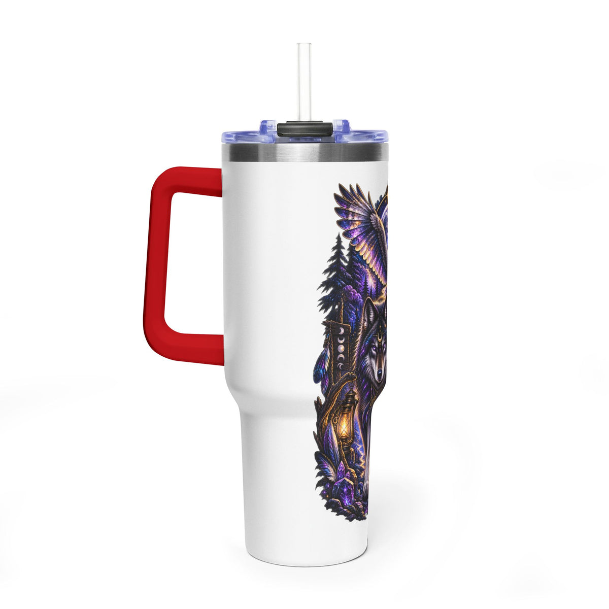 40oz Vacuum Tumbler — Wolf & Owl Spiritual Guide Stainless Travel Mug