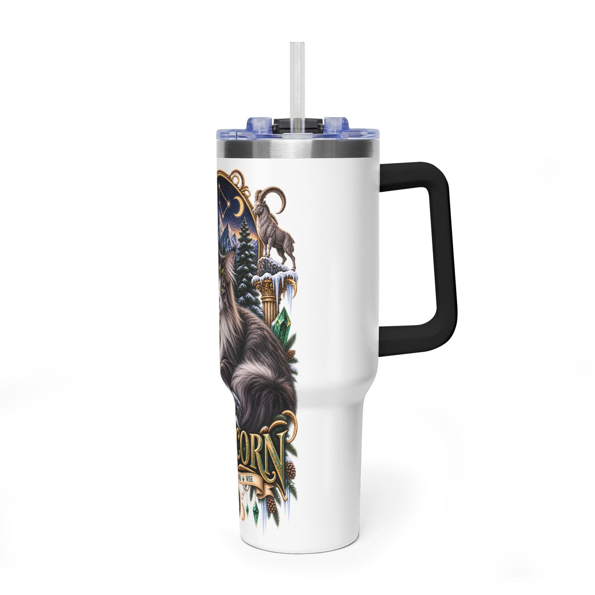 Capricorn Norwegian Forest Cat 40oz Vacuum Tumbler — Zodiac Travel Mug with Handle