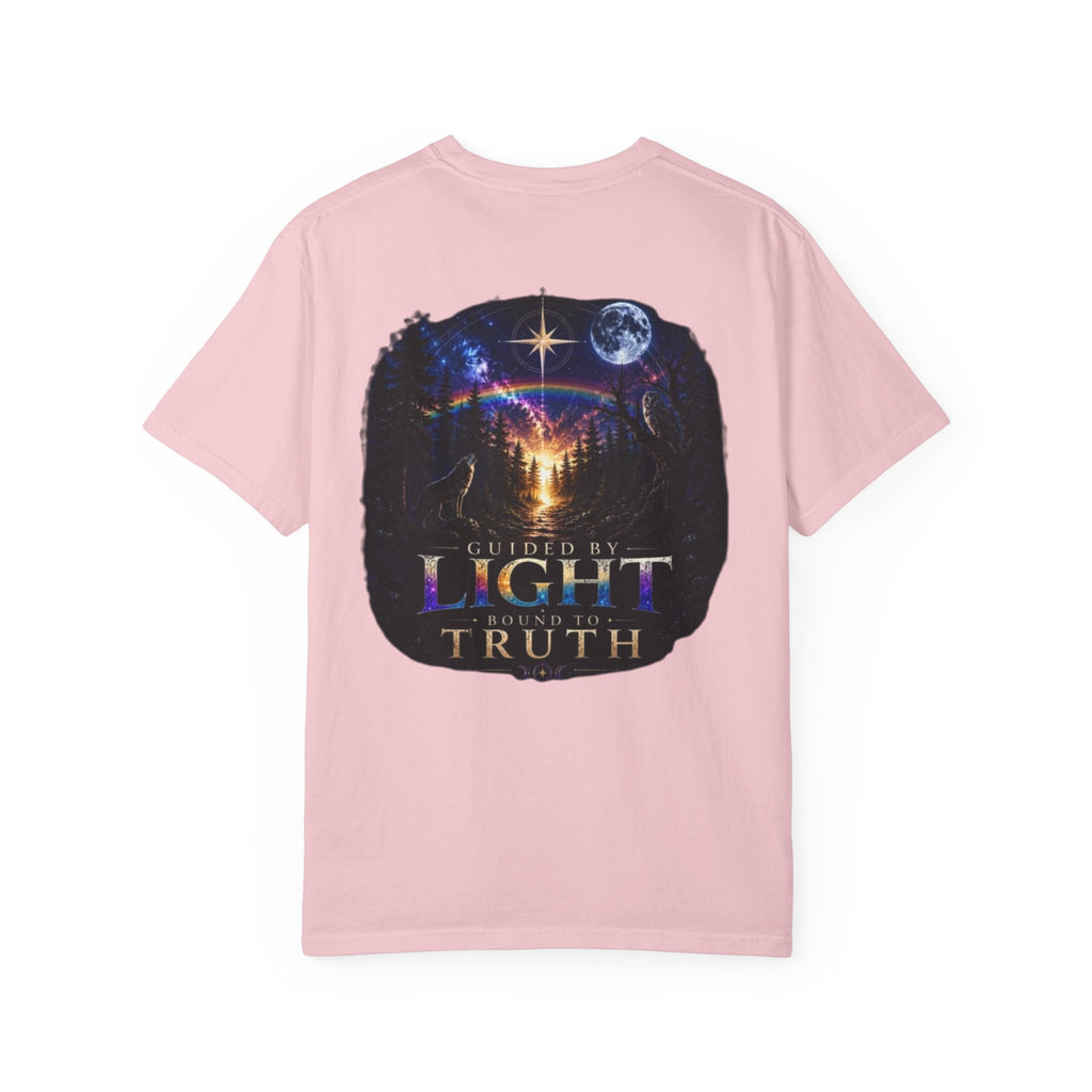 T-Shirt — "Guided by Light, Bound to Truth" Cosmic Forest Graphic
