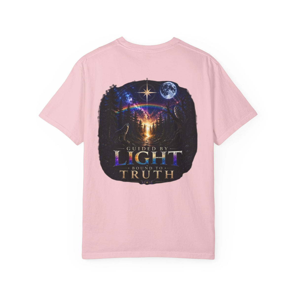 T-Shirt — "Guided by Light, Bound to Truth" Cosmic Forest Graphic