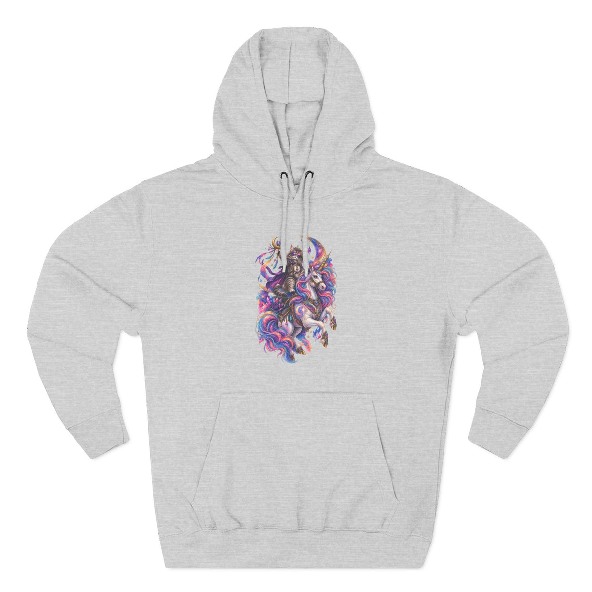 Colorful Cosmic Cat Riding a Unicorn — Vibrant Nebula Graphic Pullover