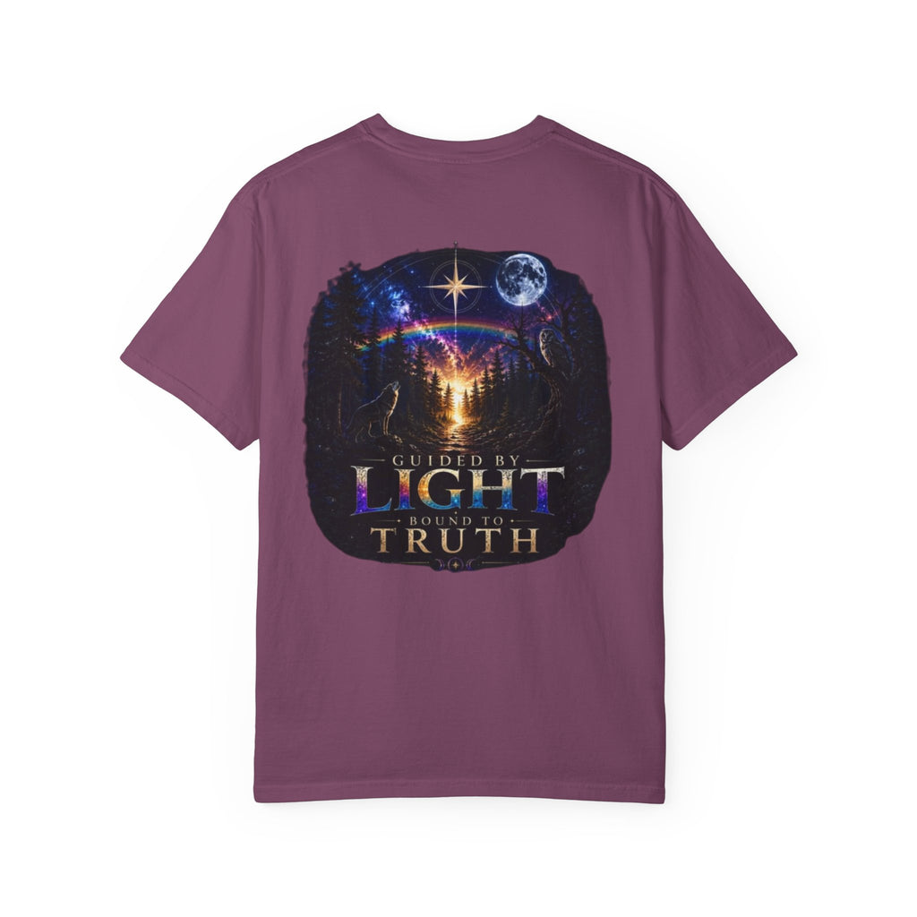 T-Shirt — "Guided by Light, Bound to Truth" Cosmic Forest Graphic