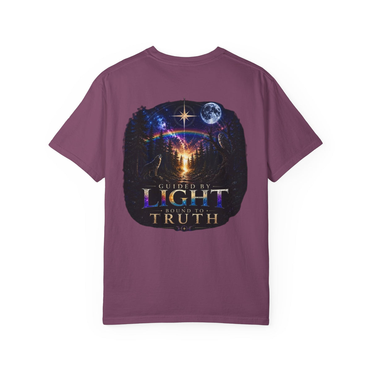 T-Shirt — "Guided by Light, Bound to Truth" Cosmic Forest Graphic