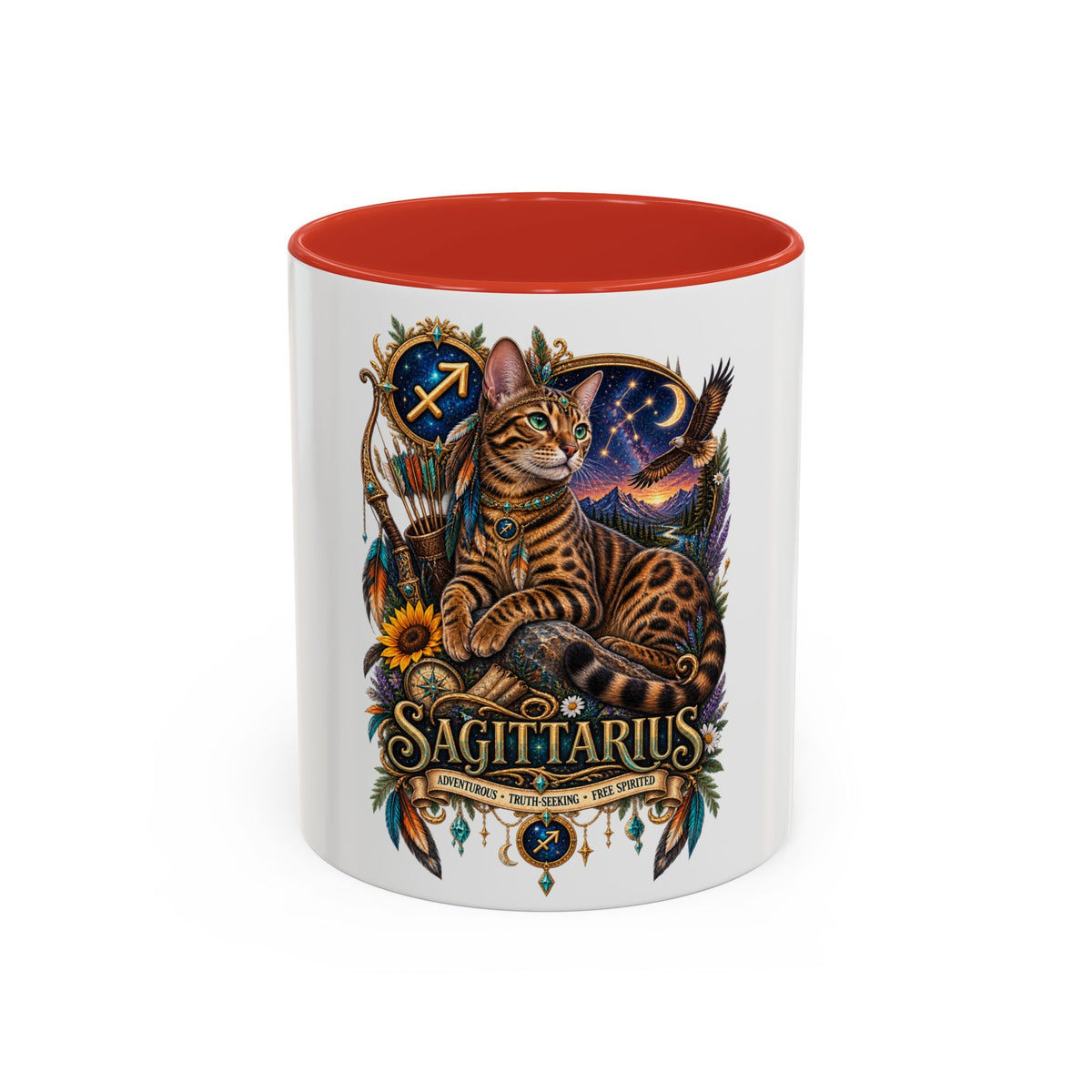 Sagittarius Bengal Cat Zodiac Coffee Mug — Cat Archer Astrology Accent Mug (11/15oz)